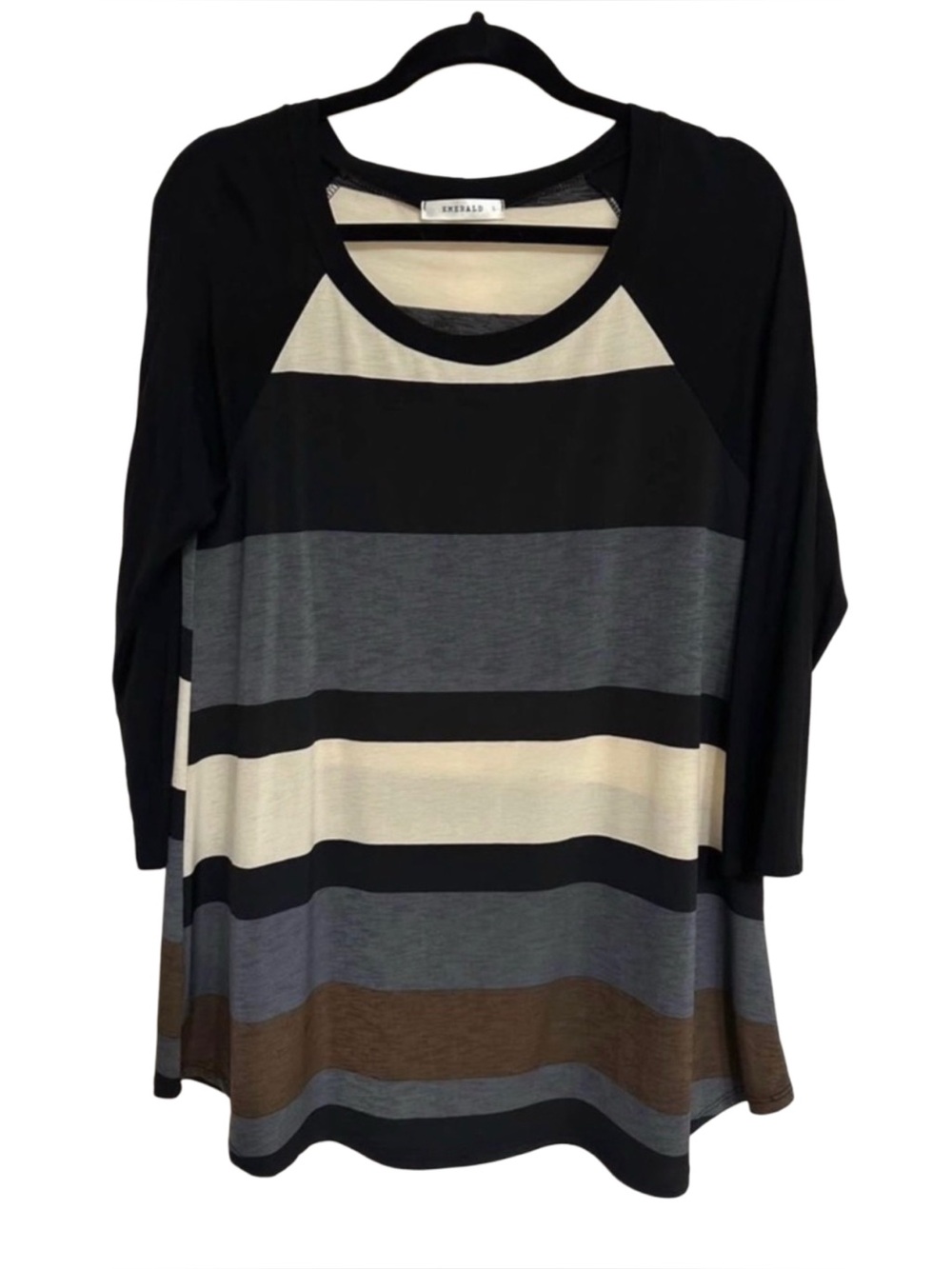 Emerald Large Colorblock Stripe Tunic Top Black Gray Cream 3/4 Sleeve Scoopneck